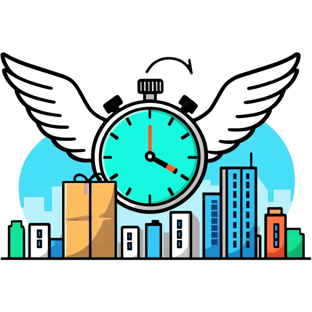 stopwatch with wings and a package flying over city buildings, fastest delivery emoji