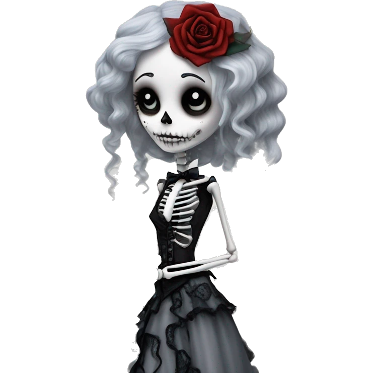 full height skeleton body, tim burton "corpse bride", thin porcelain doll with a cracked face, goth makeup watery eyes, long gray hair, lace and ruffles, lolita style, inked, black and white, red roses emoji