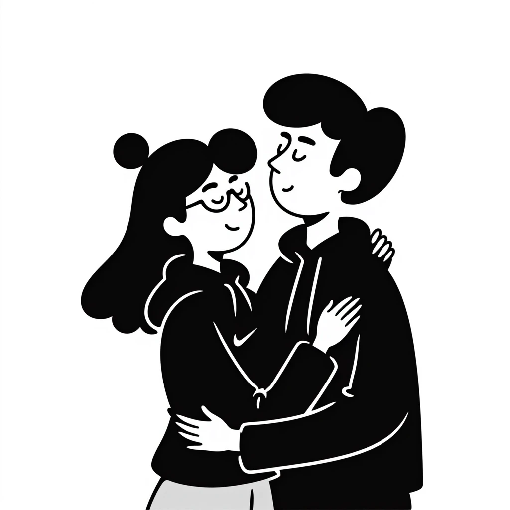 hispanic man with black hair hugging a light-skinned woman in a black Nike hoodie, woman has one bun in the back and thin black glasses emoji