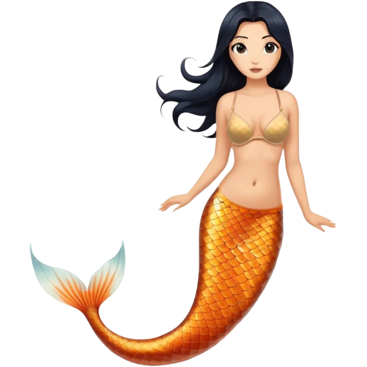 mermaid, long black hair tanned woman, koi pattern fish tail, nude bra. full body emoji