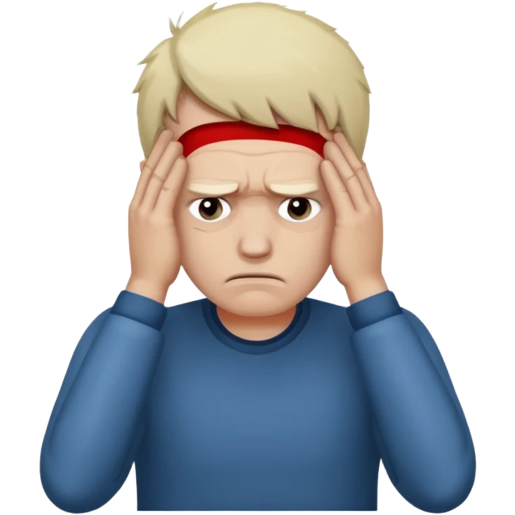 A white man sits at his desk, clutching his head in his hands. emoji