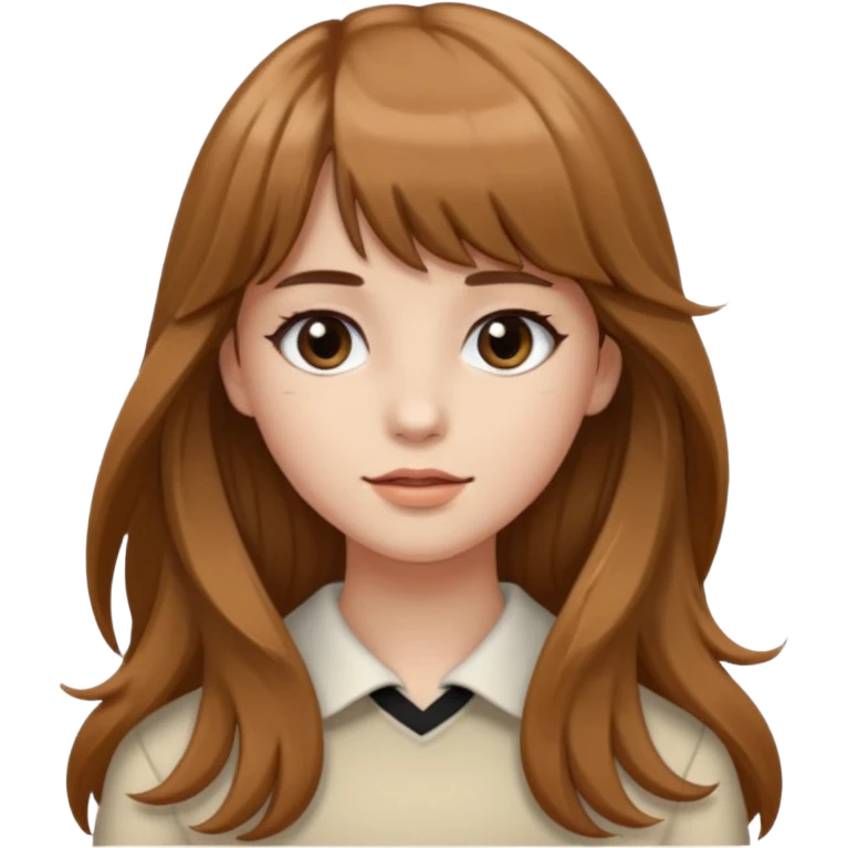 Uma garota de cabelo ondulado marrom,mas com franja lisa e olhos pretos, e a cor de pele branca,e o cabelo LONGO  emoji