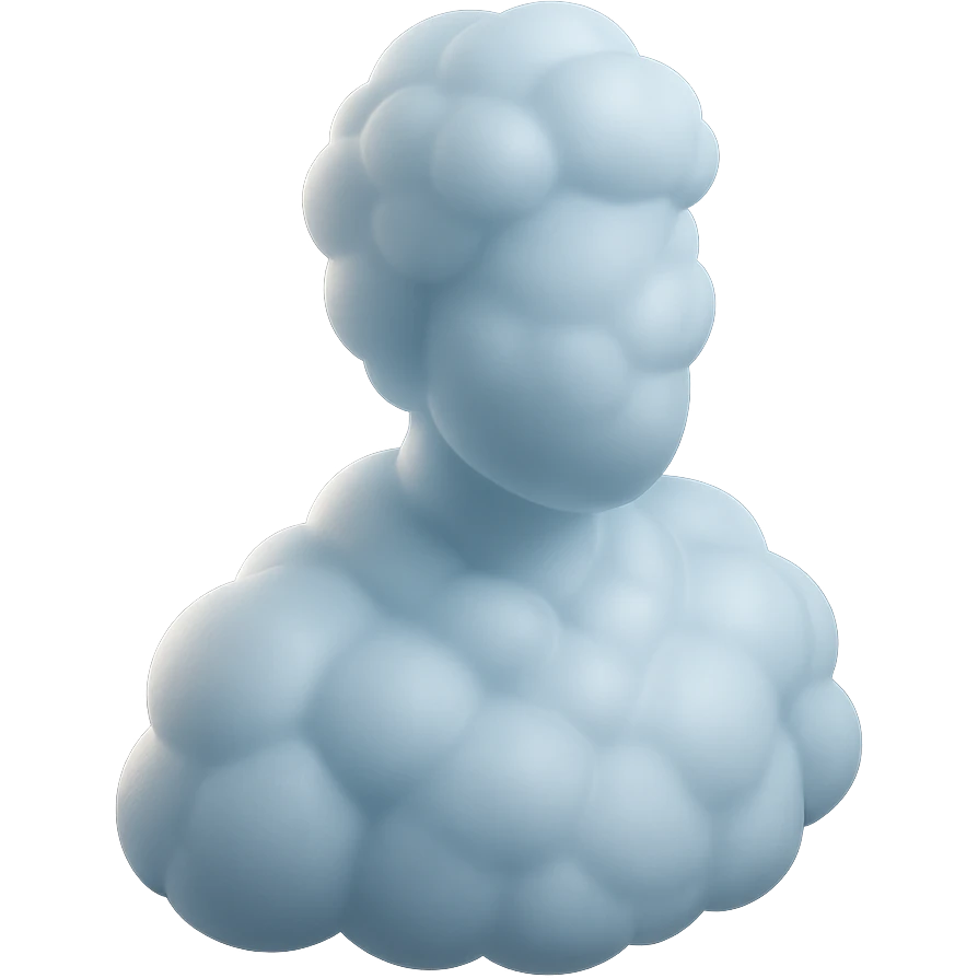 shoulder-up person fully made of white fluffy bulging clouds, matte glass style emoji