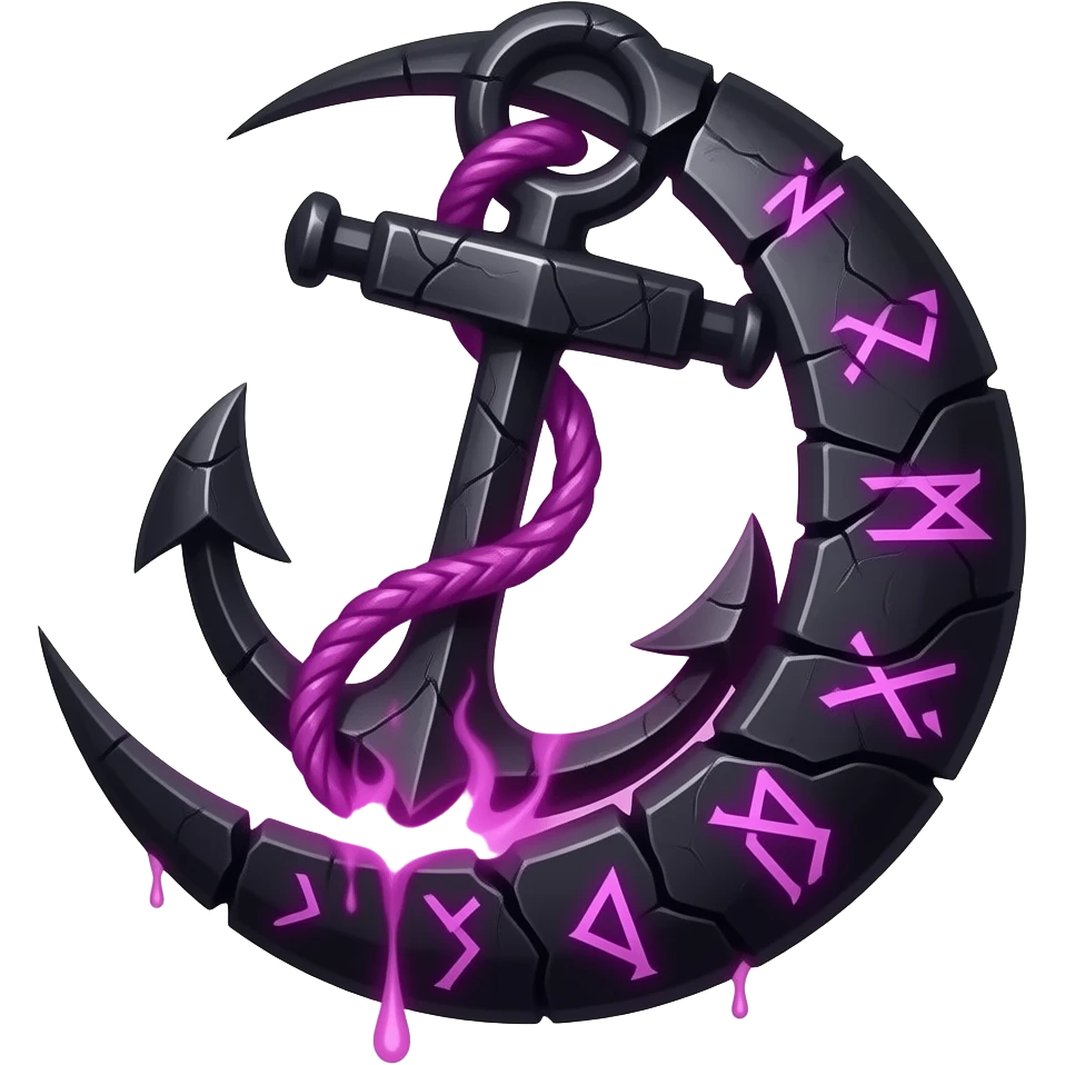 „blackened crescent‑moon fused with a jagged anchor, cracked runic engravings glowing violet, thin pink curse‑energy leaking like burning veins, soft moonlight catching the cracks, drifting shadow‑mist, ultra‑detailed, black‑violet‑pink palette, no characters“ emoji