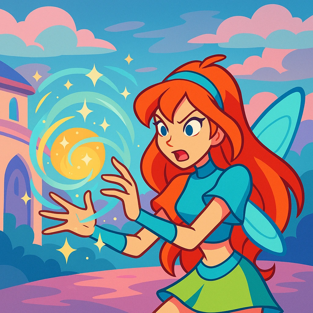 Winx Club Bloom, casting a spell, magical energy, expressive face, fantasy illustration emoji