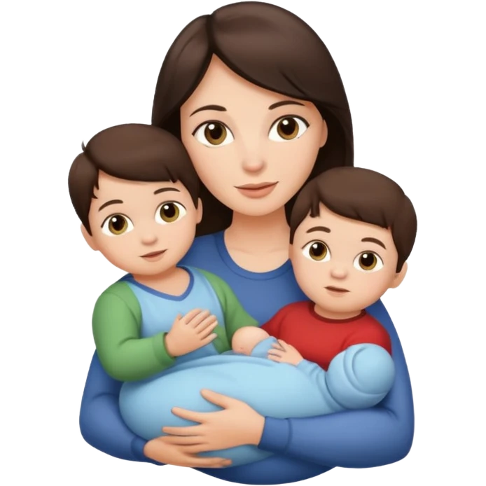 Beautiful Brunette Mother holding a baby and two sons, realistic  emoji