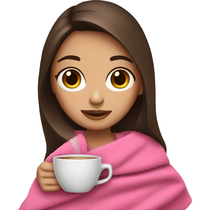 Brunette with pink blanket drink coffee emoji