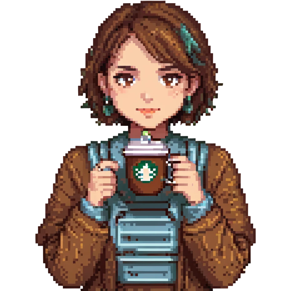 A pixel art girl with brown eyes, short brown hair without bangs, and a septum piercing, holding a coffee cup. emoji