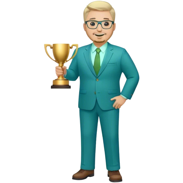 Full Body white male plus size wearing glasses with a goatee with light blonde and gray very short hair happy basketball head Coach in blue and green suit holding trophy emoji