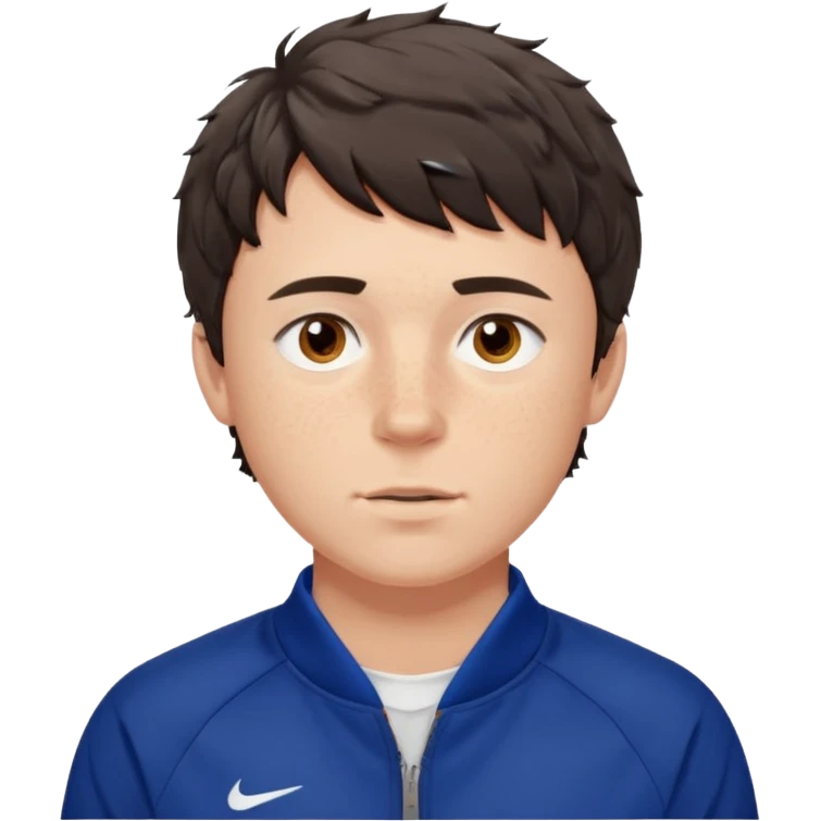 Owen Cooper in dark brown short and choppy fringe short wavy hair with brown eyes, freckles on his cheeks, wearing deep blue sports jacket without any logos and white shirt emoji