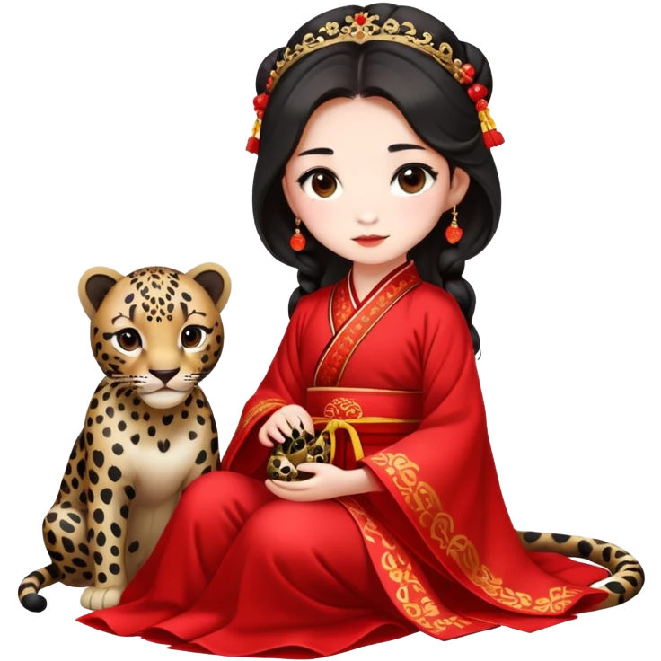 A beautiful girl in red Hanfu wedding dress sits on the ground holding a black leopard emoji
