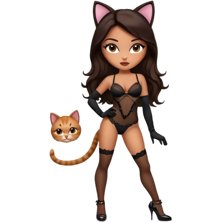 A sexy, super pretty bratz girl with caramel skin. Dark brown hair and brown eyes. She has freckles. Wearing sexy makeup. Dressed as a sexy cat. She’s wearing lingerie with black heels on and long black gloves  emoji