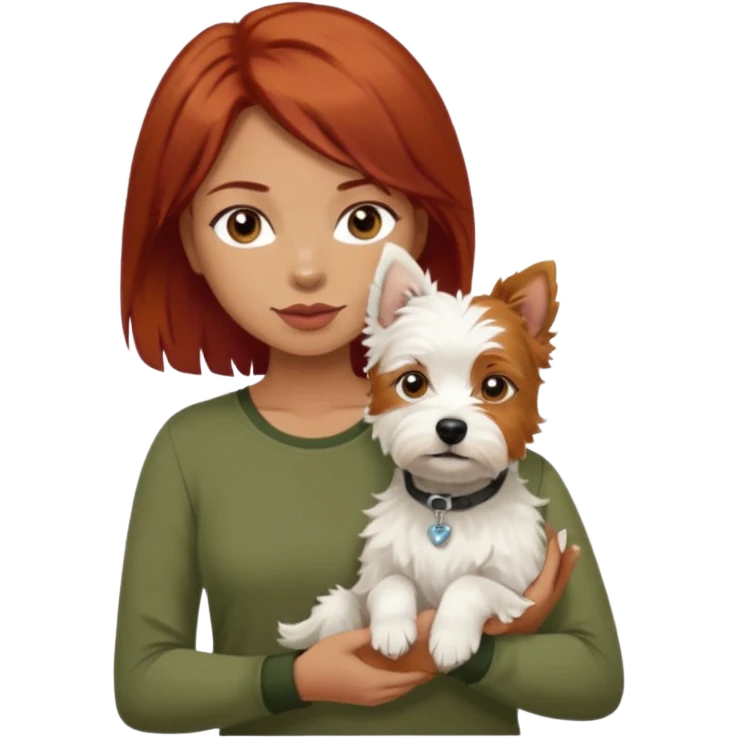 Westhighland white terrier dog being held by woman with dark shoulder length red hair and hazel eye wearing olive green top emoji