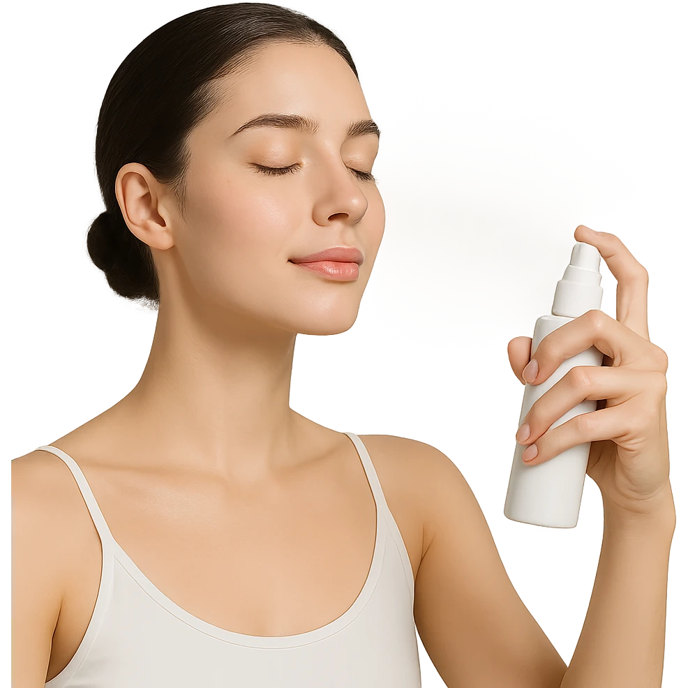 girl spraying face mist, clean and fresh, minimal background, modern style, skincare, beauty emoji