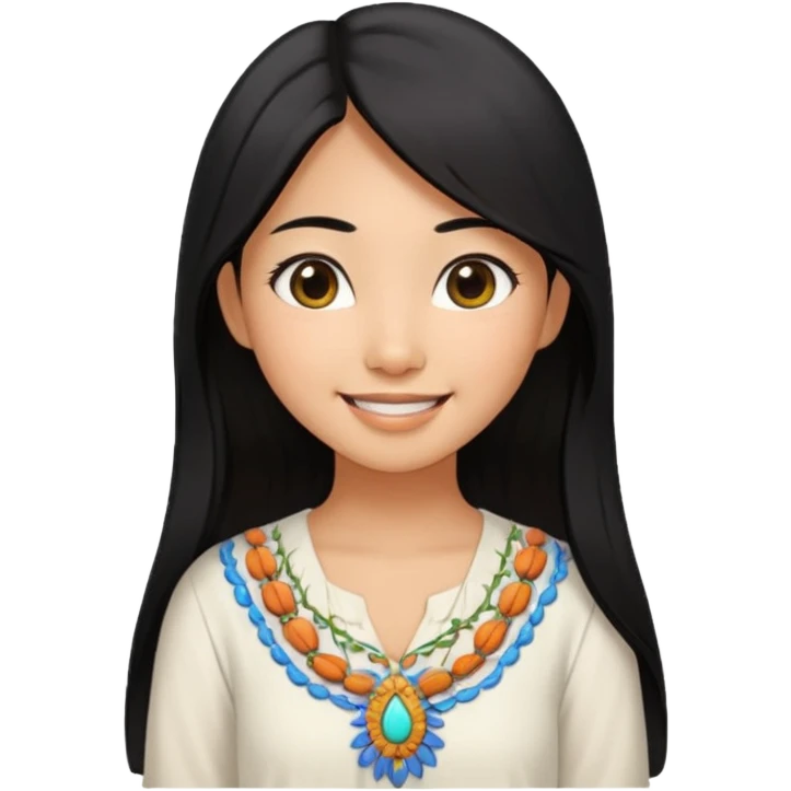 30 yr old asian woman center parted hair big eyes big smile tanned skin straight black hair hippie part hair white blouse emoji