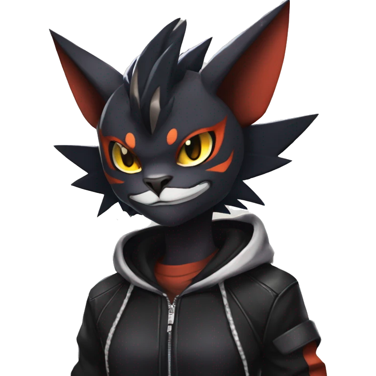 Cool Anthro Black Noivern-Quiana-Litten-Pokémon with edgy stripes hoodie spiked collar punk Full Body emoji
