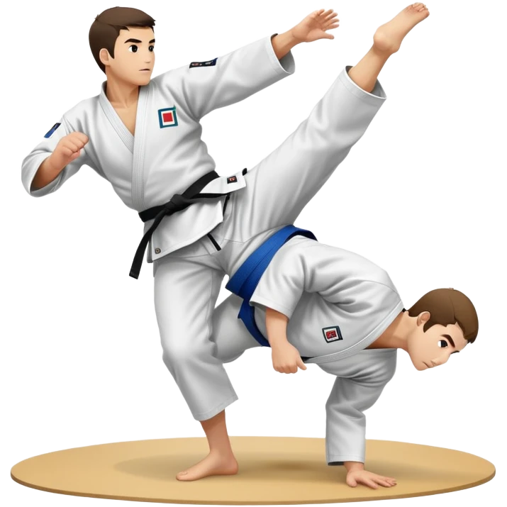 Two judo practitioners in traditional gi, one executing a powerful throw while the other is countering with a defensive move. The background features a judo mat and a focused dojo atmosphere. Transparent background highlights the precision and technique of judo. emoji