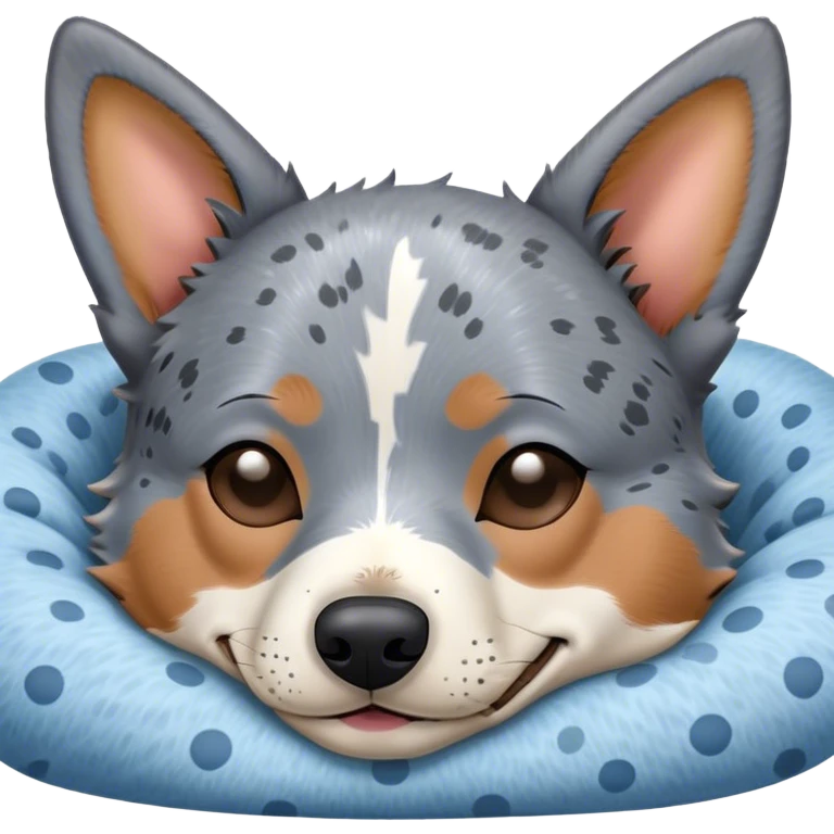 Meme-Worthy Cute Sleeping Blue Speckle Australian Cattle Dog Portrait Emoji, Head resting peacefully with a contented smile, showcasing a robust build and a luxuriously soft blue speckle Fur, eyes shut in a serene nap, Simplified yet hilariously adorable features, highly detailed, glowing with a soft, drowsy light, high shine, relaxed and utterly lovable, stylized with an air of playful laziness, bright and heartwarming, soft glowing outline, capturing the essence of a comically sleepy herder, so meme-worthy it feels like it could instantly become the next viral sensation of adorable slumber! emoji