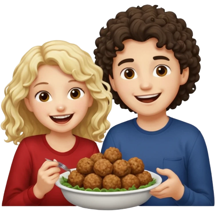 Ragazza bionda leggermente riccia e lunghi che ride ad un ragazzo con i capelli ricci scuri mentre mangia polpette emoji