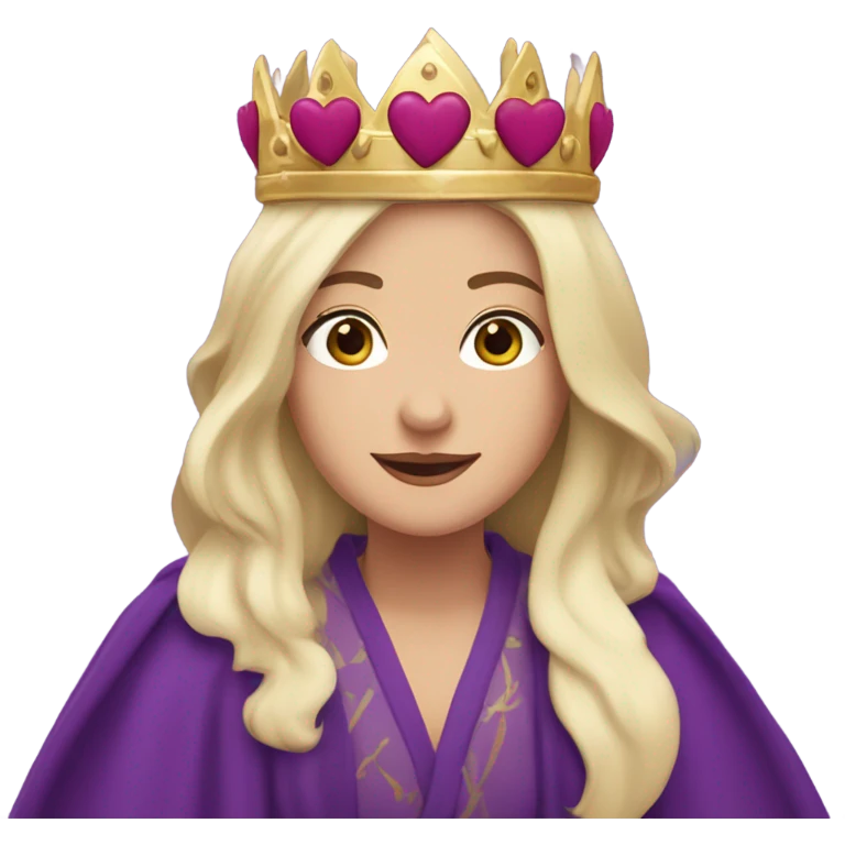 Caucasian long dark haired woman wearing royal purple robes and a crown with five hearts floating around her head emoji