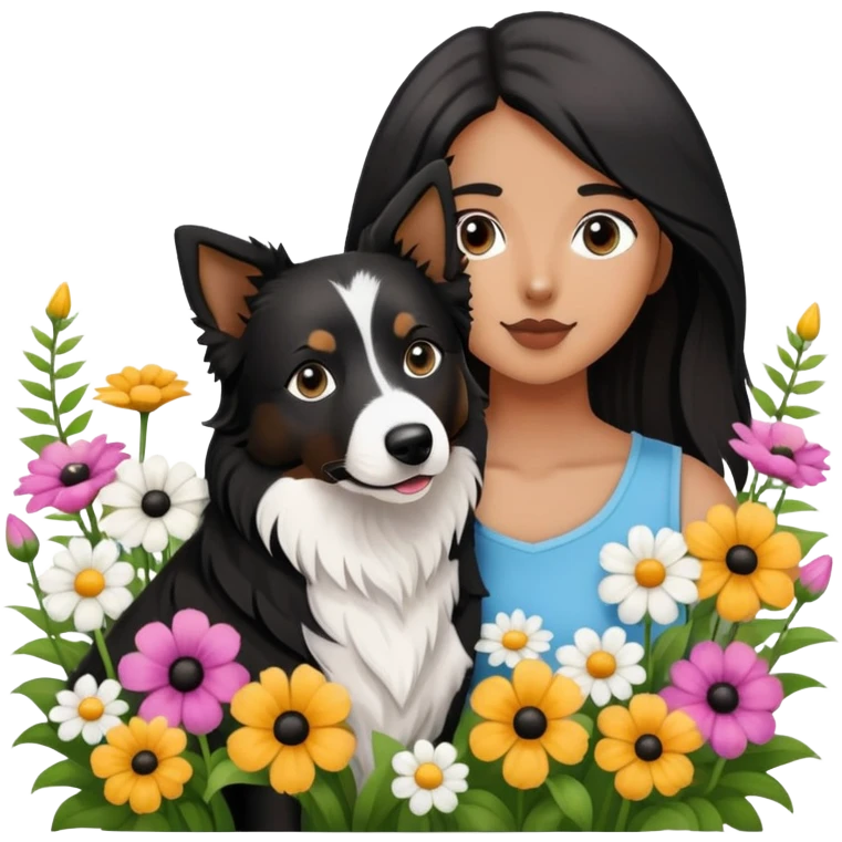 A girl is holding a black and white border collie in the flowers emoji