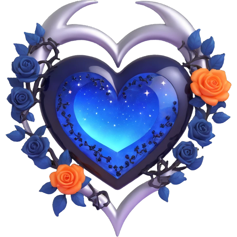 gothic heart made of midnight blue glass with a silver crescent moon, tiny black roses, shimmering stardust, glowing blue aura emoji