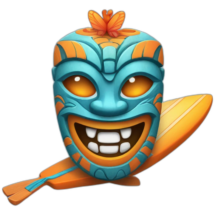 Cartoon Blue and orange smiling tiki with butterfly and surfboard emoji