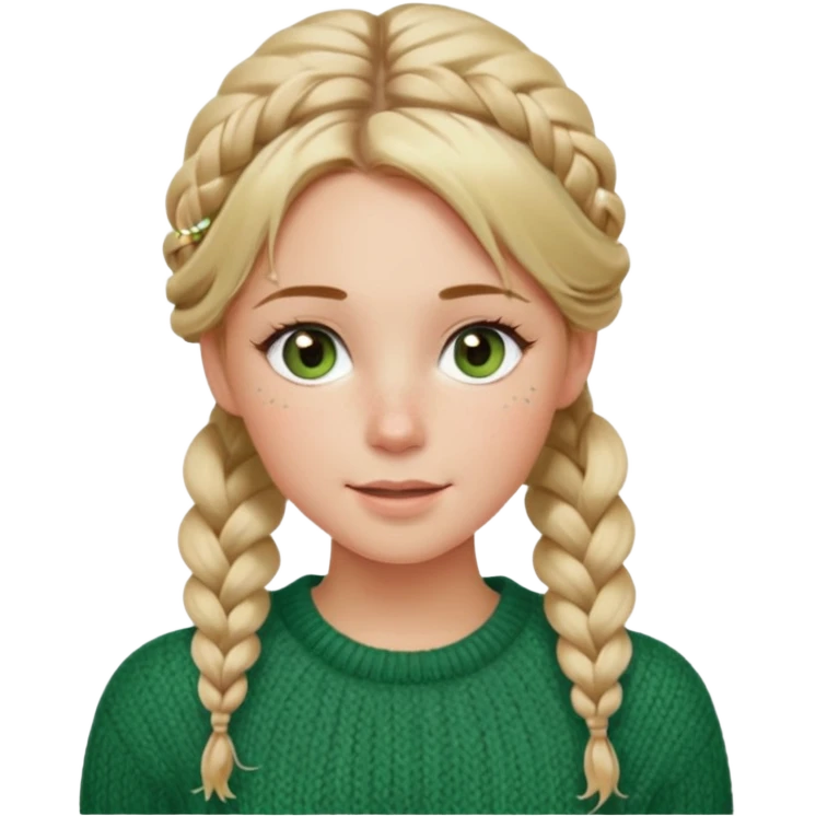 dirty blonde hazel/green eyes woman with a white cable knit sweater and one braid down her back  with tendrils of hair flowing down her face and she is happy pale, some freckles, blush. she has a cateye wing and long lashes emoji