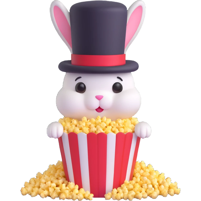 popcorn tub with a fluffy bunny emerging wearing a tall top hat emoji