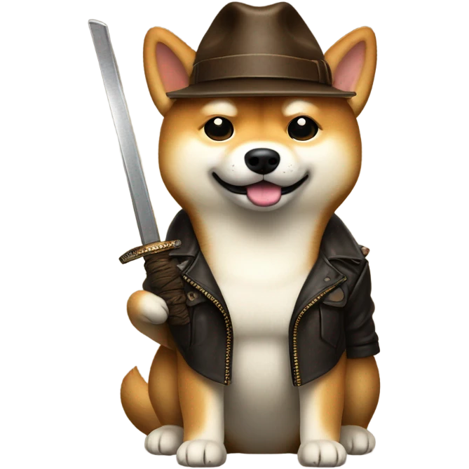 Handsome Shiba Inu dressed as Indiana Jones with a samurai sword  emoji