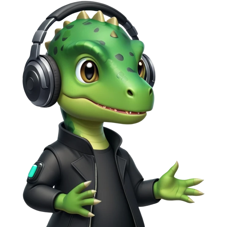 Dinosaurio verde muy tierno músico DJ con ropa negra futurista  emoji