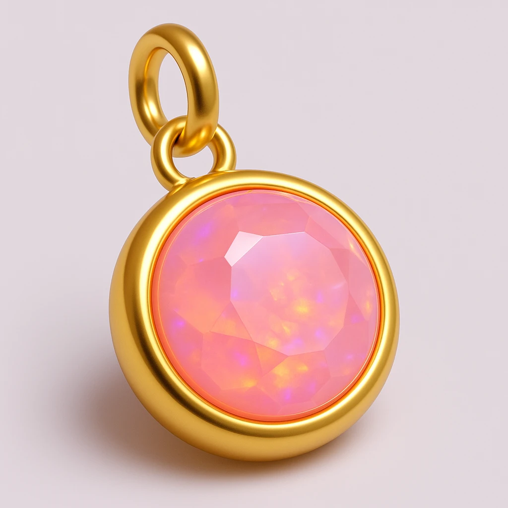 change the silver setting and jump ring to gold, keep the round cut pink fire opal and Y2K style, extreme close-up, 3D emoji style emoji