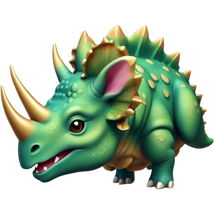 Beautiful and Majestic Triceratops Portrait Emoji, Head and body rendered in serene repose with a gentle, content smile, showcasing a robust, horned form with an intricately frilled head and eyes softly closed in tranquil repose, Simplified yet exquisitely endearing features, highly detailed, glowing with a soft, drowsy prehistoric light, high shine, relaxed and utterly majestic, stylized with an air of ancient splendor, soft glowing outline, capturing the essence of a beautiful and majestic Triceratops that embodies the timeless strength of the ancient world! emoji