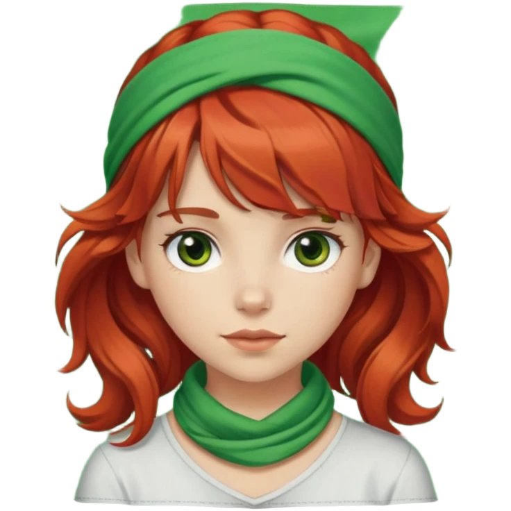 White red-haired girl with wavy hair, brown eyes, bangs, and a green bandana on her head. emoji