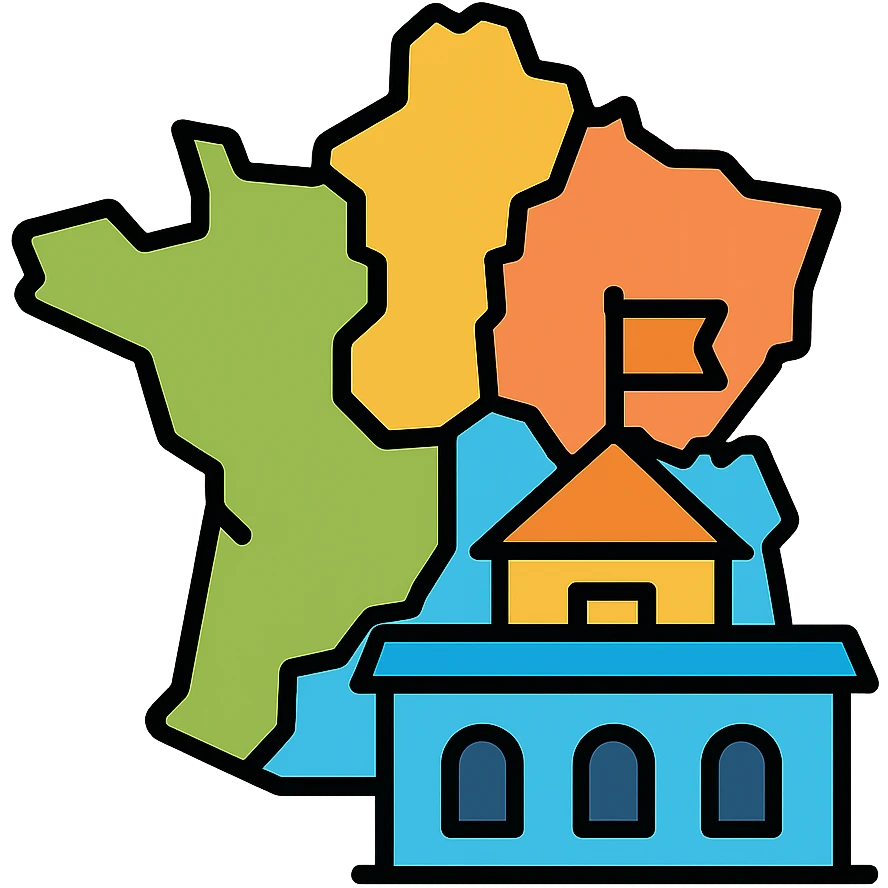 Map with regional divisions and town hall building - representing Collectivités Territoriales emoji