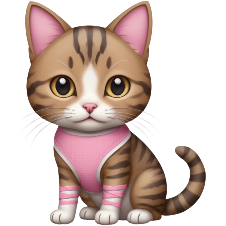 a young female brown and gray tabby cat,with a pink bandage on her front paw, realistic emoji