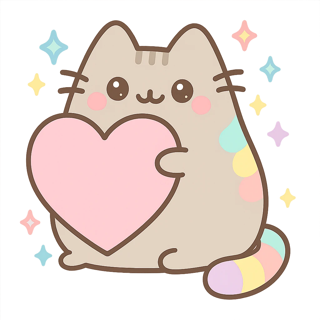 Add sparkles around Pusheen and the big heart, keep pastel rainbow colors, ultra cute, kawaii style, with no background emoji
