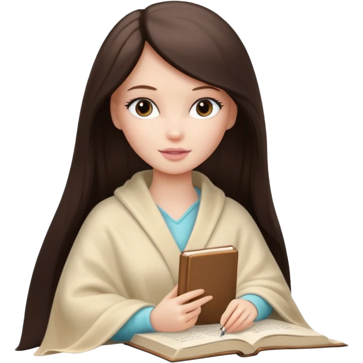 White Barbie girl with a long straight dark brown hair inside a pale beige blanket is writing a book emoji