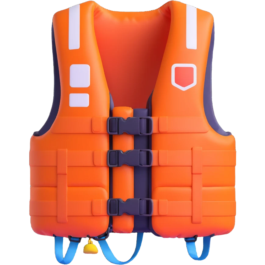 A life jacket in a dynamic 3D cartoon style on a white background, 3D rendering, high resolution, bright colors, with a perspective composition, high saturation, prominent details, a floating effect, and a lively atmosphere. emoji