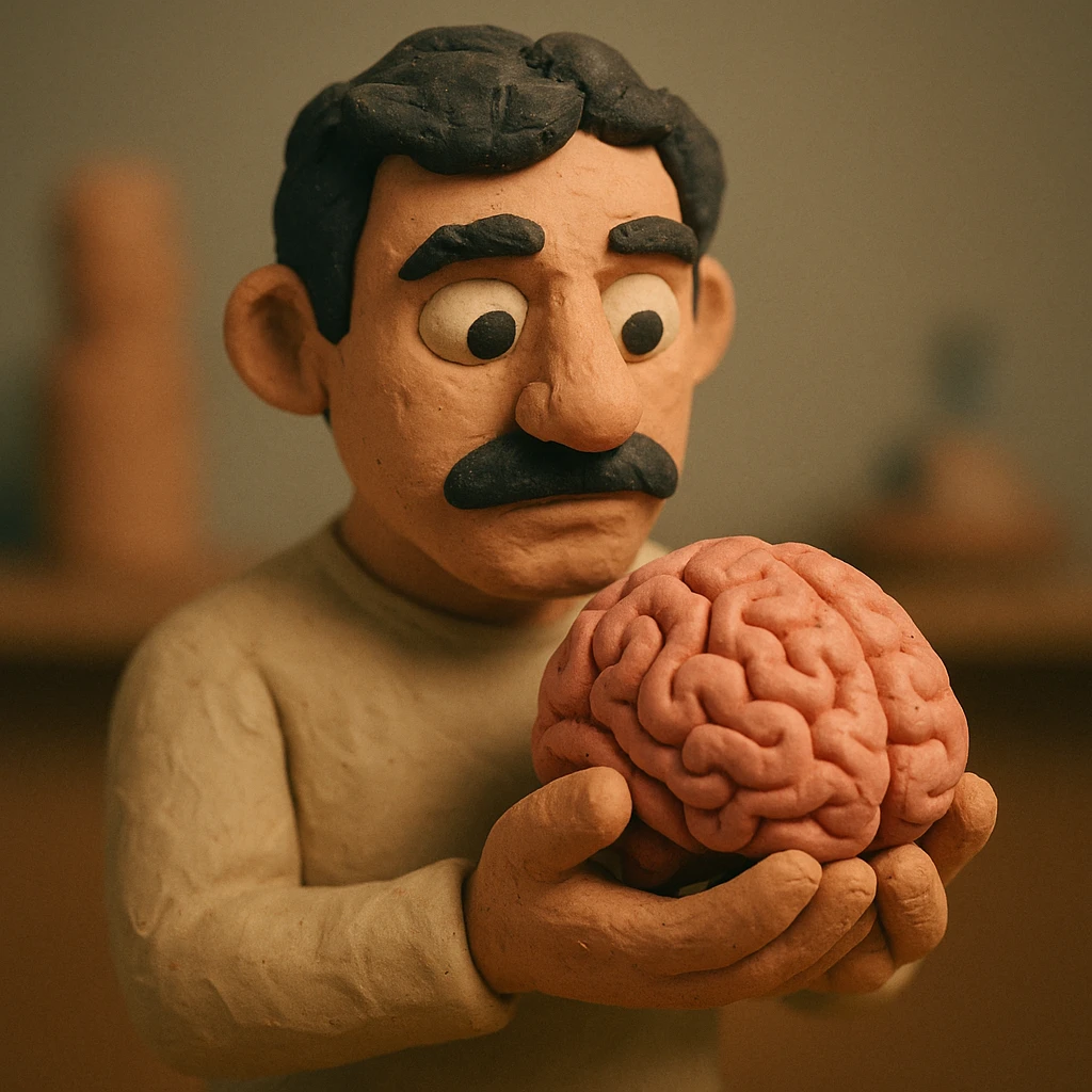 a dark-haired man with a mustache holding a brain, claymation style, soft lighting, visible fingerprints emoji