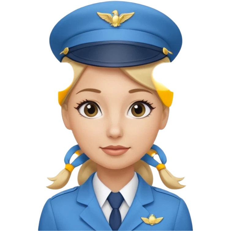 Create an emoji of a female flight attendant with blonde hair tied up, wearing alight blue flight attendant hat and a blue flight attendant uniform. emoji