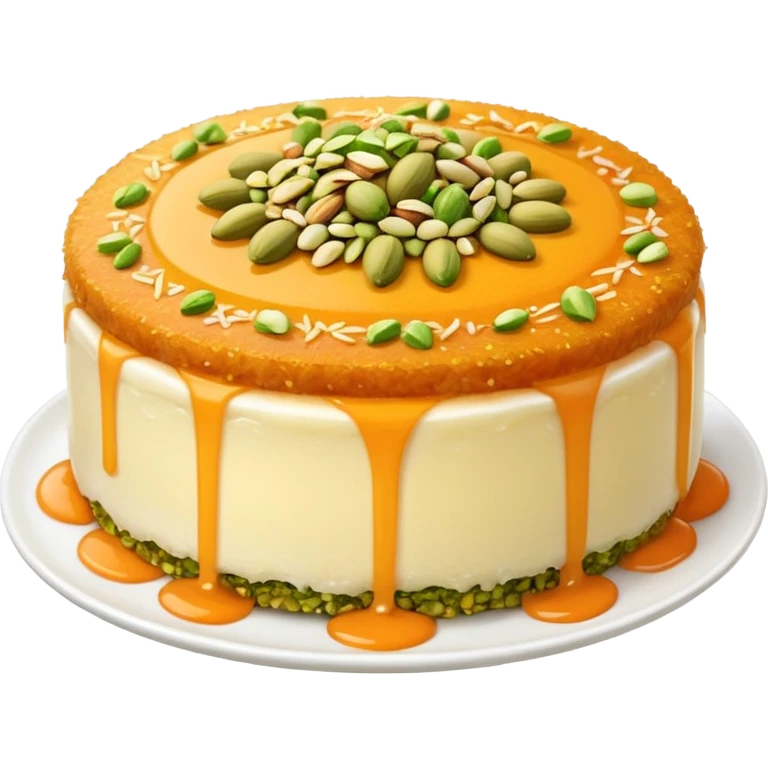 A small round emoji of traditional kanafeh with golden-orange crispy threads, a gooey white cheese center, and a light sprinkle of green pistachios. Warm and delicious-looking. emoji