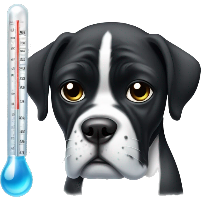 black boxer dog with some white on face making sad eyes with an ice pack on top of her head and mercury thermometer in her mouth emoji