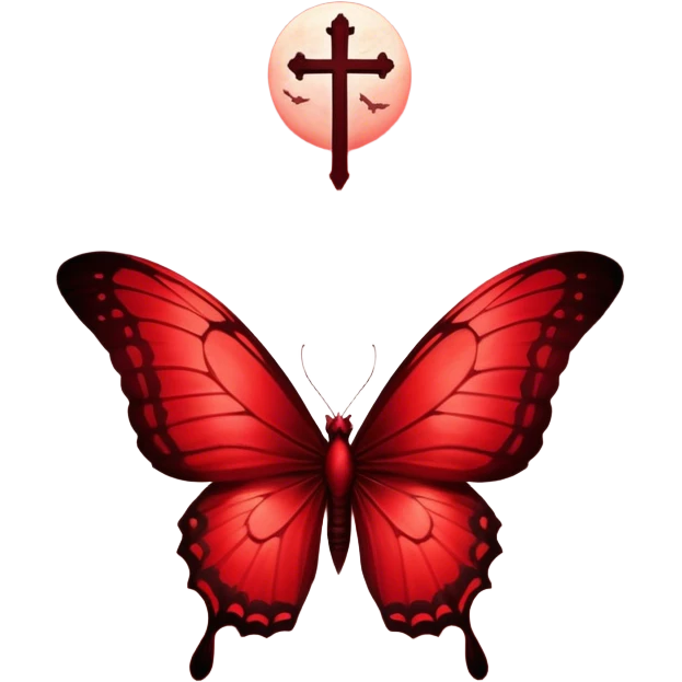 A majestic crimson butterfly with wings in Venetian and rustic red gracefully flutters in the foreground, bathed in a soft, eerie glow. Behind it, Gothic crosses loom in the distance, shrouded in a deep red mist that enhances the melancholic beauty of the scene. emoji