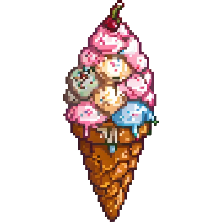 cute pixel art ice cream emoji, light brown cone with diagonal waffle texture, pastel pink scoop with creamy swirl, cherry on top, 16x16 pixel grid, clean and simple, vivid outlines, subtle shadow under scoop, kawaii face with blush and small smile emoji
