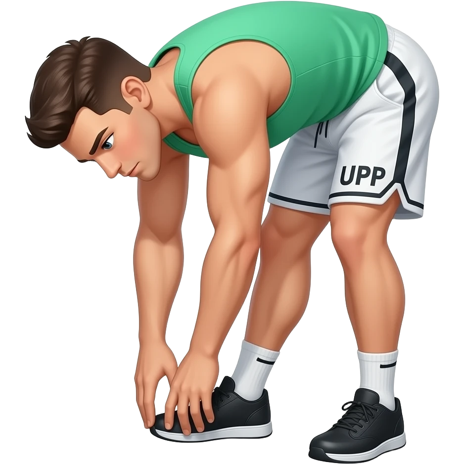 guy-in--green (#15ef98 rgb(21, 239, 152))--white-tank top-and-shorts-standing-up,-bending-down-to-touching-toes-(stretching-down-by-touching-both-feet-_-toes-feet-together-not-split-apart-with "UPP"_-written-on-his-shorts in black. blakc shoes emoji