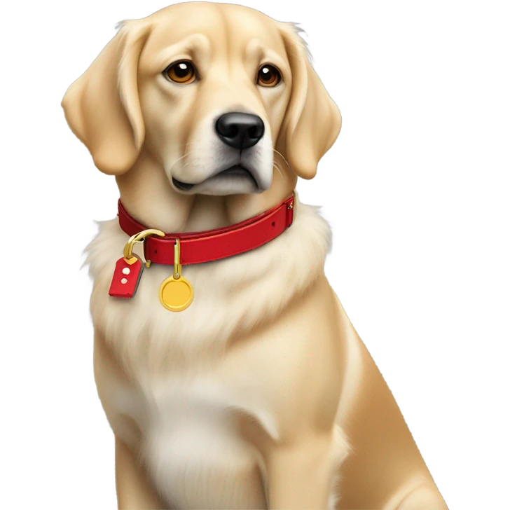 Put a Red leather dog collar and golden tag on a blond white human female with medium length hair and add a red leash connected to the collar emoji
