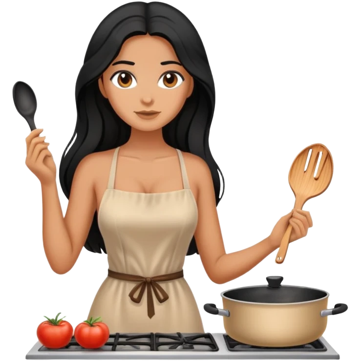 cooking, black long hair tanned woman, nude color dress emoji