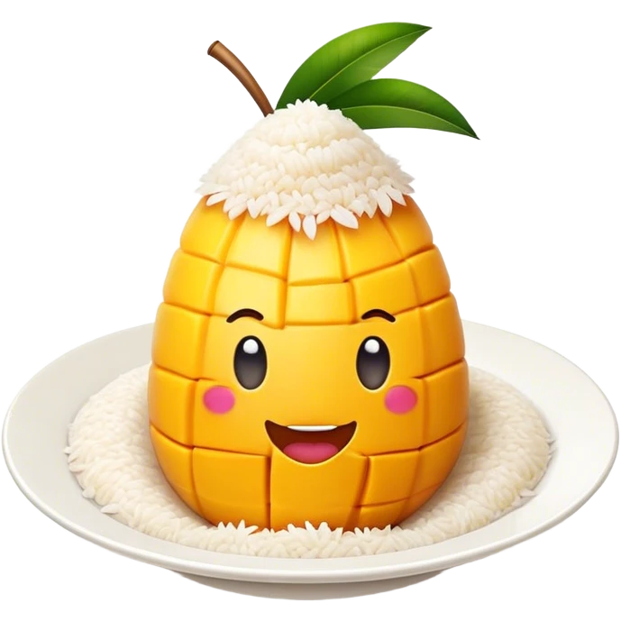 Cinematic Realistic Mango Sticky Rice Dessert Emoji, showcasing sweet sticky rice paired with ripe mango slices and coconut milk rendered with lifelike detail and warm, inviting lighting. emoji