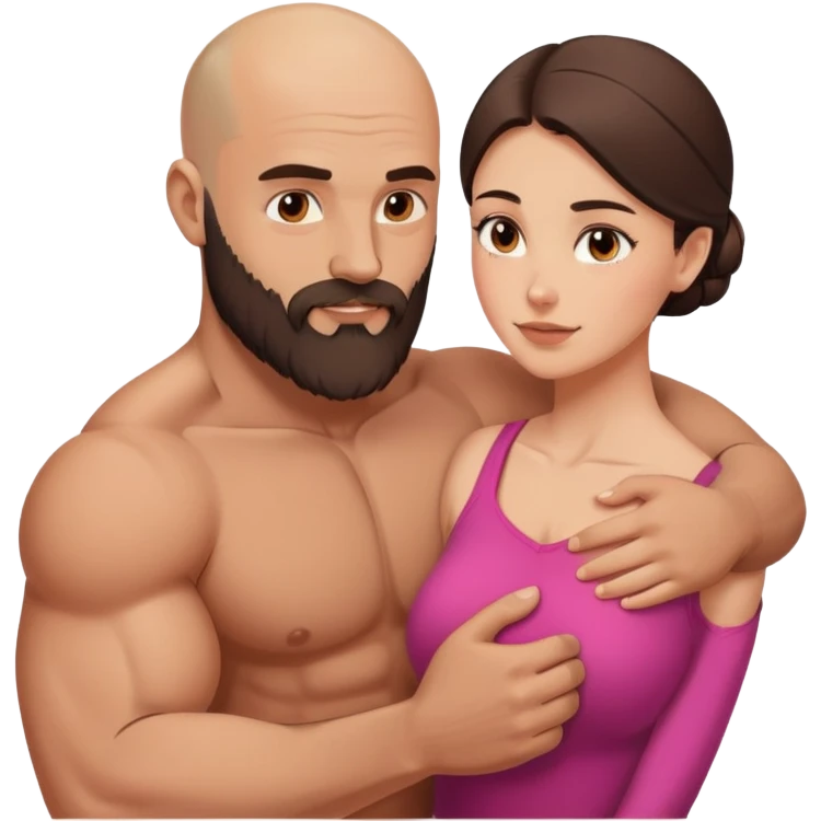 Muscular Bald man with a beard passionately embracing his young brunette wife  emoji